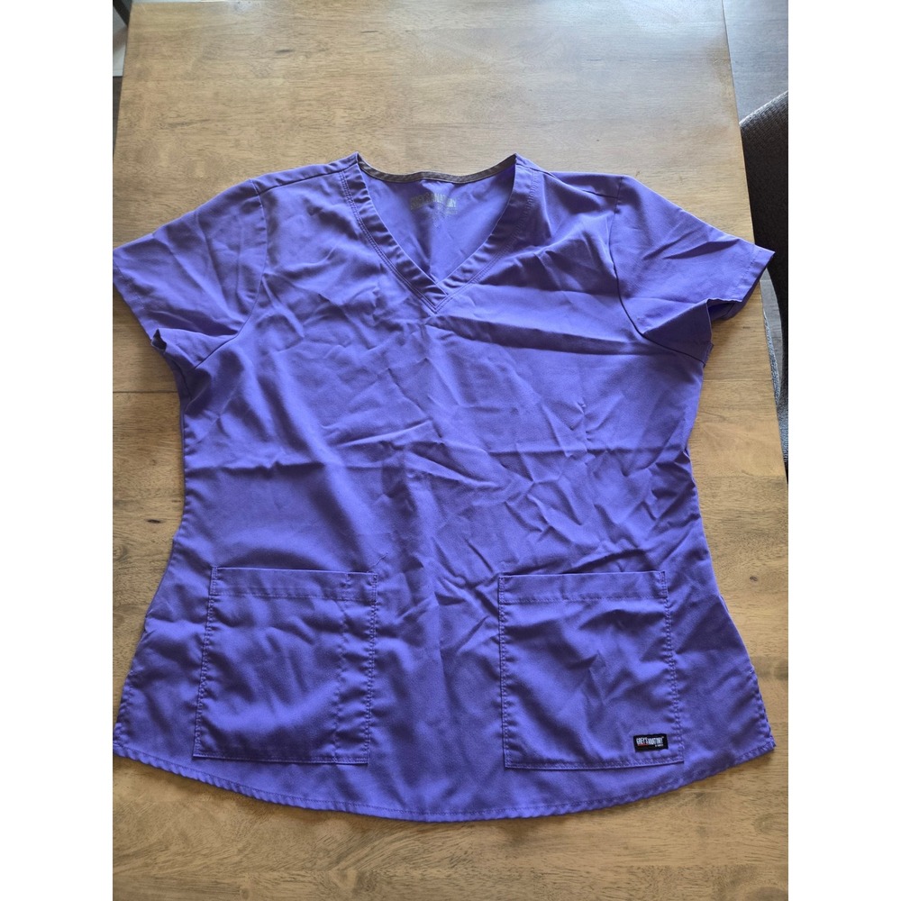 Greys Anatomy by Barco Purple V-Neck Scrub Top Two Pocket Smocked Back Womens XL